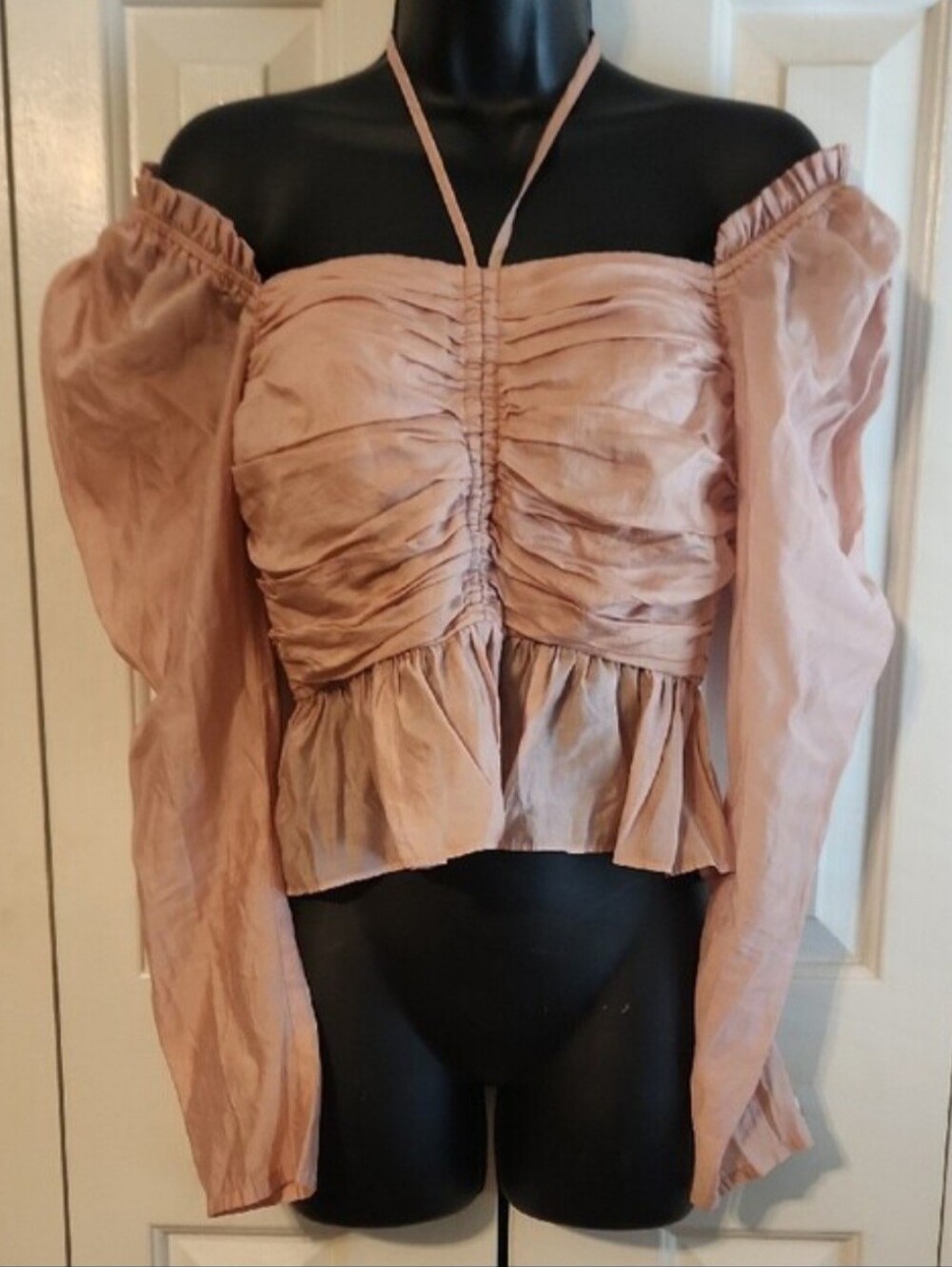 Ruched Satin Top Puff-Sleeve - Blush Pink - Womens Size 6 - Brand: AntonioMelani